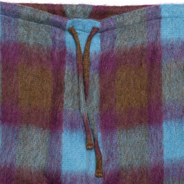 Drawstring Pants - Large Plaid Wool Blend Shaggy Cloth - Brown/Blue/Wine