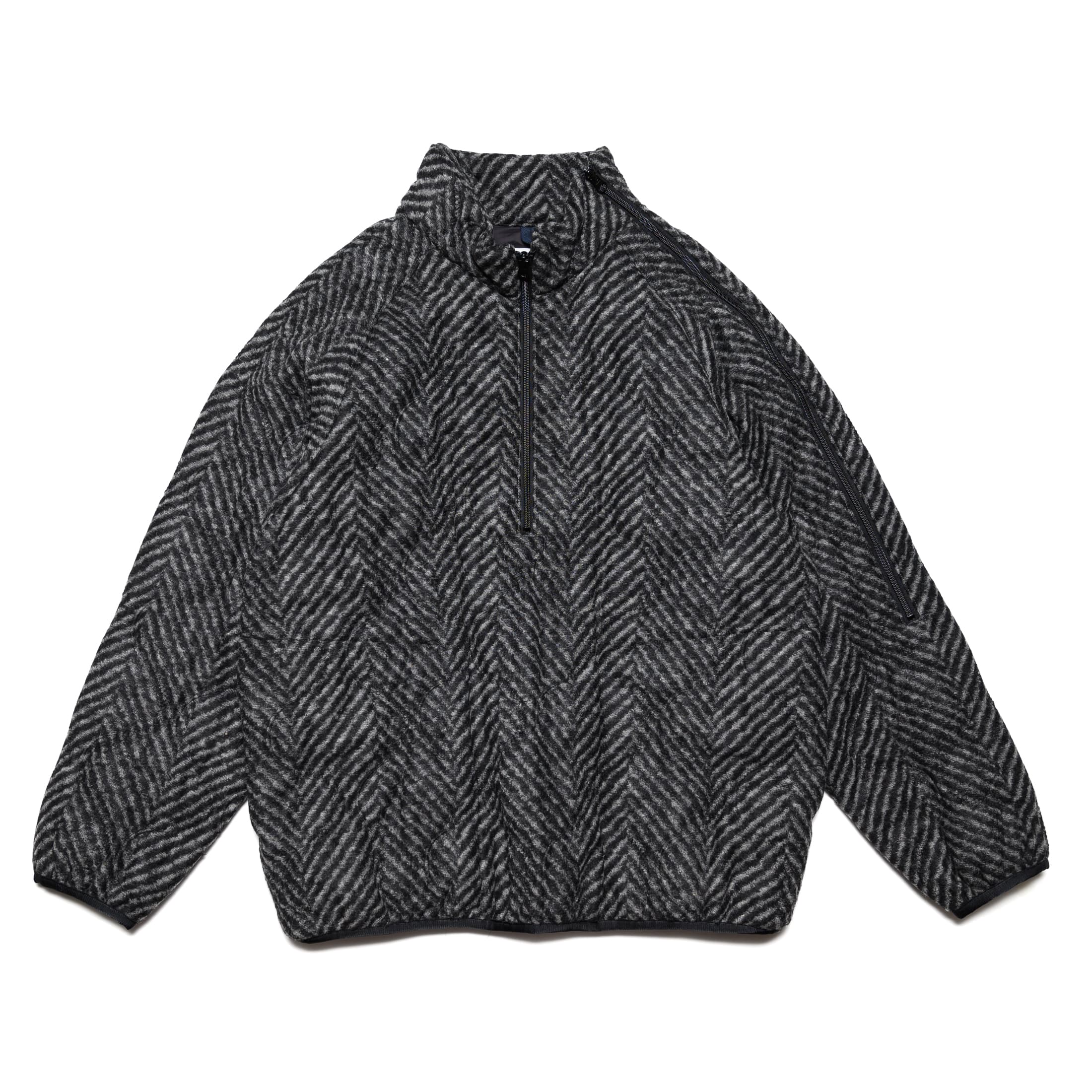 Zip-Up Shoulder Pullover Jacket - Large Herringbone Wool Blend Jersey Quilt - Gray