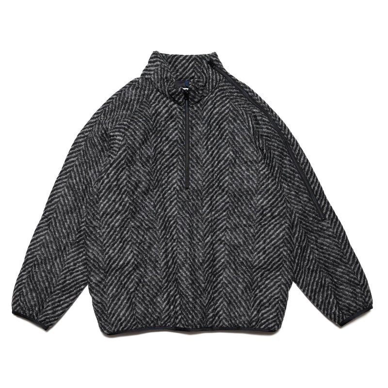 Zip-Up Shoulder Pullover Jacket - Large Herringbone Wool Blend Jersey Quilt - Gray