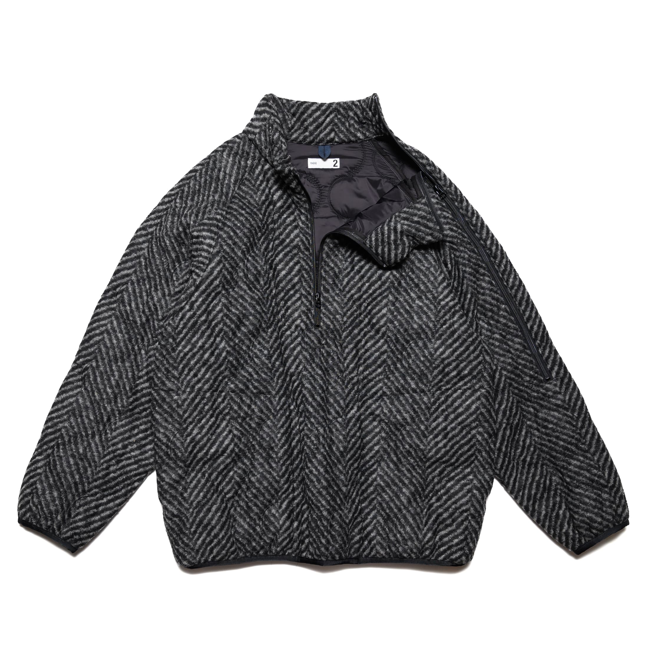 Zip-Up Shoulder Pullover Jacket - Large Herringbone Wool Blend Jersey Quilt - Gray