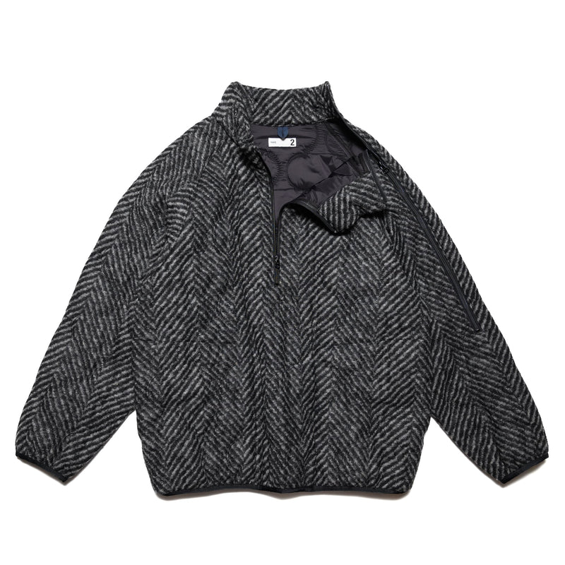 Zip-Up Shoulder Pullover Jacket - Large Herringbone Wool Blend Jersey Quilt - Gray