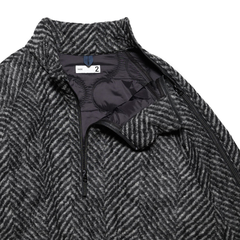 Zip-Up Shoulder Pullover Jacket - Large Herringbone Wool Blend Jersey Quilt - Gray