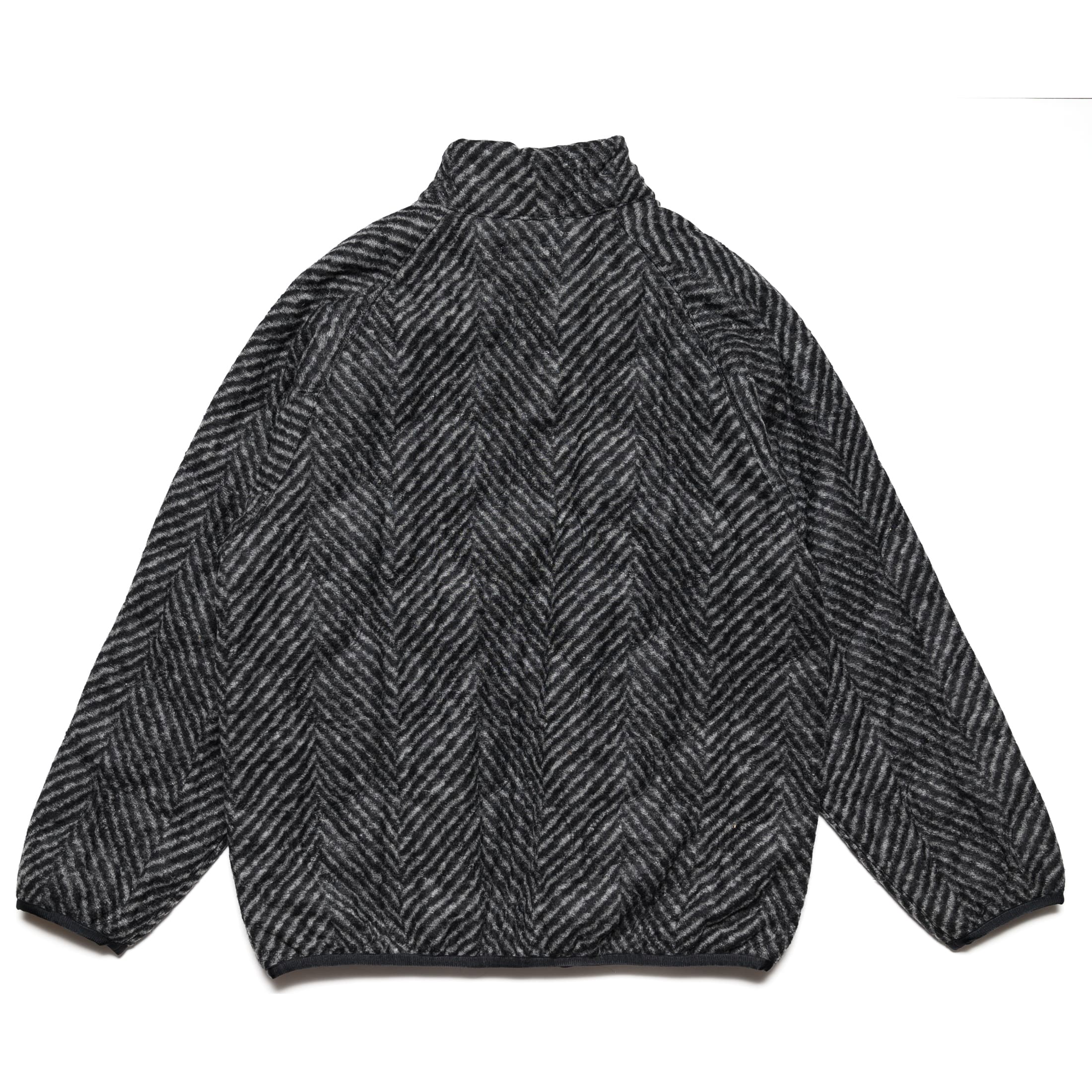 Zip-Up Shoulder Pullover Jacket - Large Herringbone Wool Blend Jersey Quilt - Gray