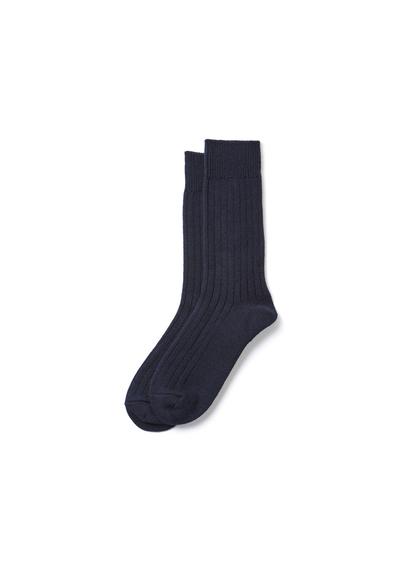 Cotton Wool Ribbed Crew Socks - Navy