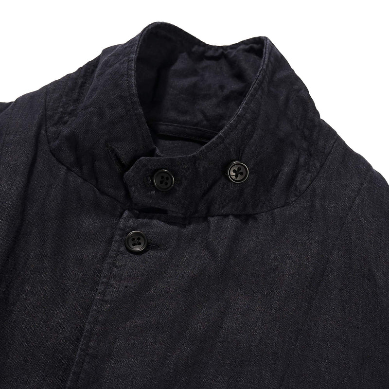 Engineered Garments Loiter Jacket Navy Linen Twill Throat Tab Closed Detail