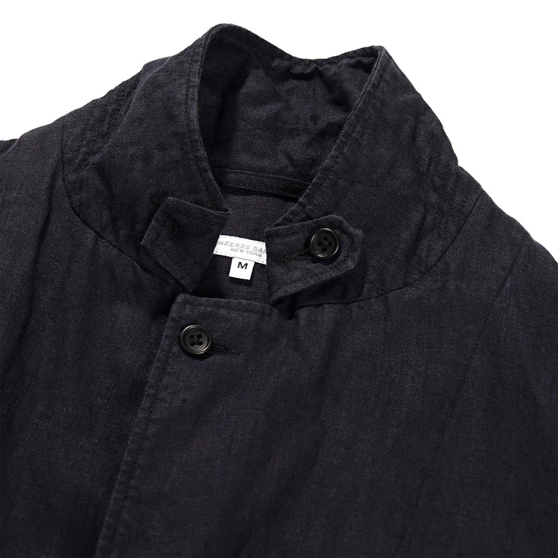 Engineered Garments Loiter Jacket Navy Linen Twill Throat Tab Open Detail