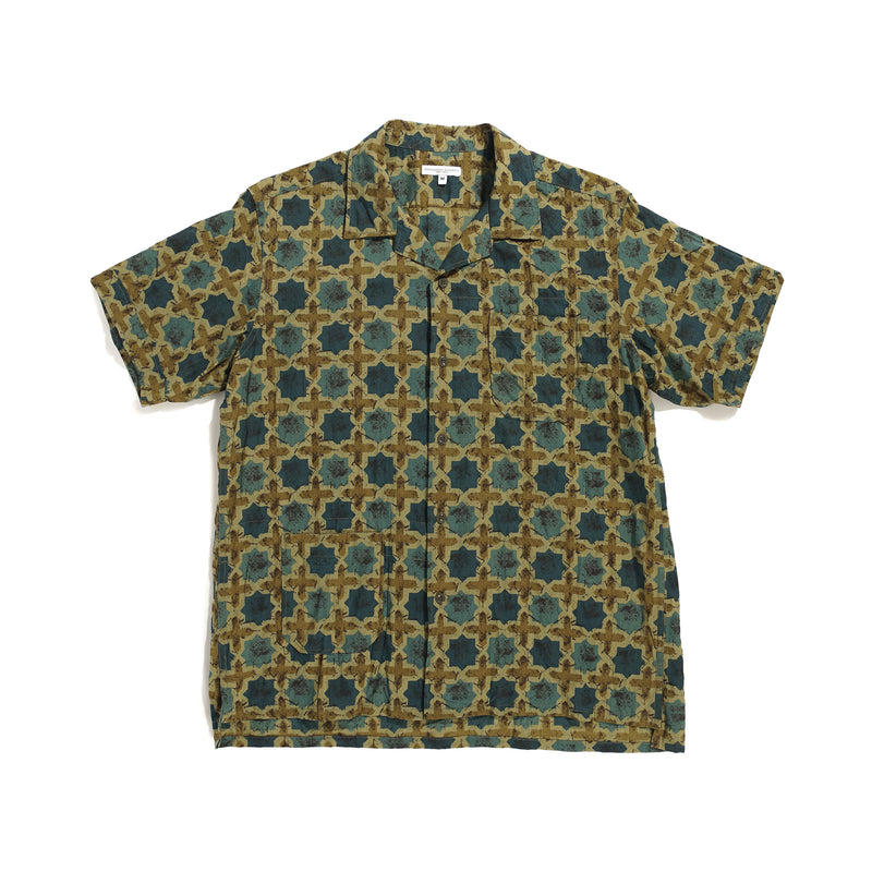 Engineered Garments Camp Shirt Olive Cotton Cross Batik Front