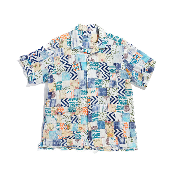 Engineered Garments Camp Shirt White/Blue Ethno Print Patchwork Front