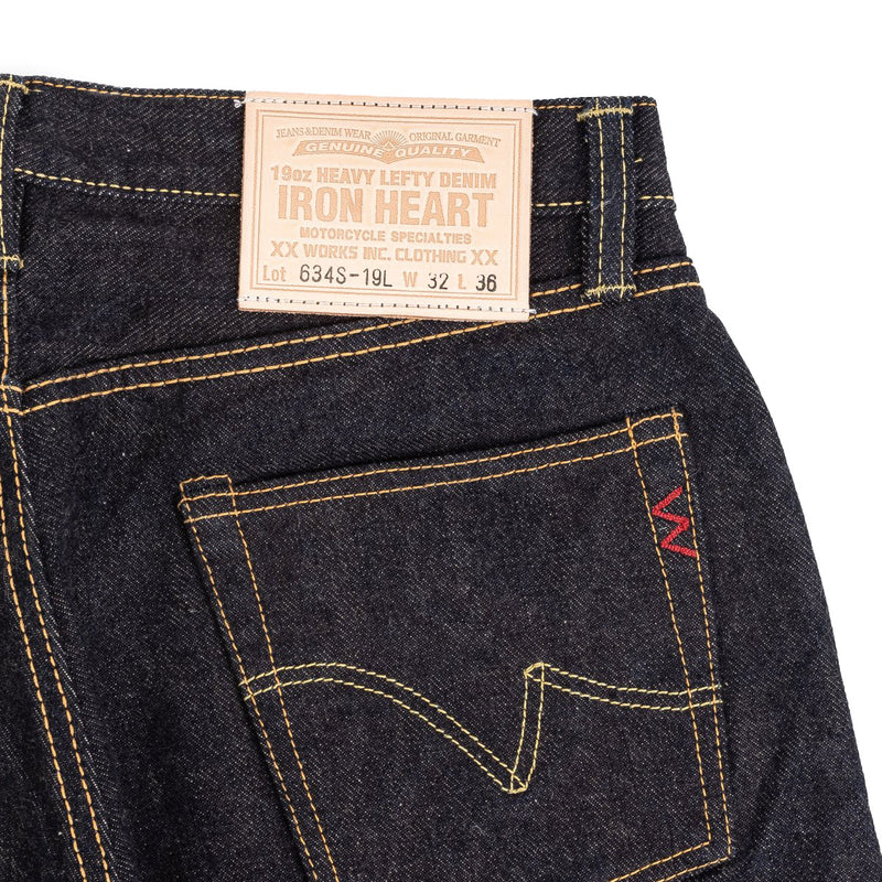 Iron Heart IH-634S-19L 19oz Left Hand Twill Selvedge Denim Straight Cut Jeans Indigo Leather Patch Detail