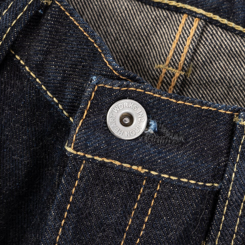 Iron Heart IH-634S-19L 19oz Left Hand Twill Selvedge Denim Straight Cut Jeans Indigo Hardware Detail