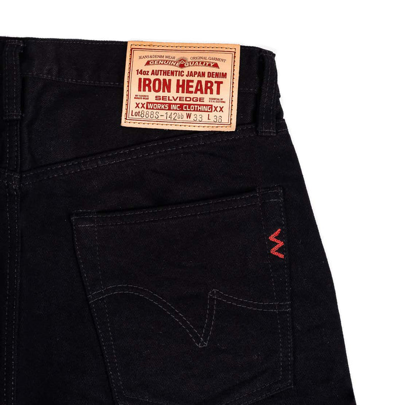 Iron Heart IH-888S-142bb 14oz Selvedge Denim Medium/High Rise Tapered Jeans Black/Black Leather Patch Detail