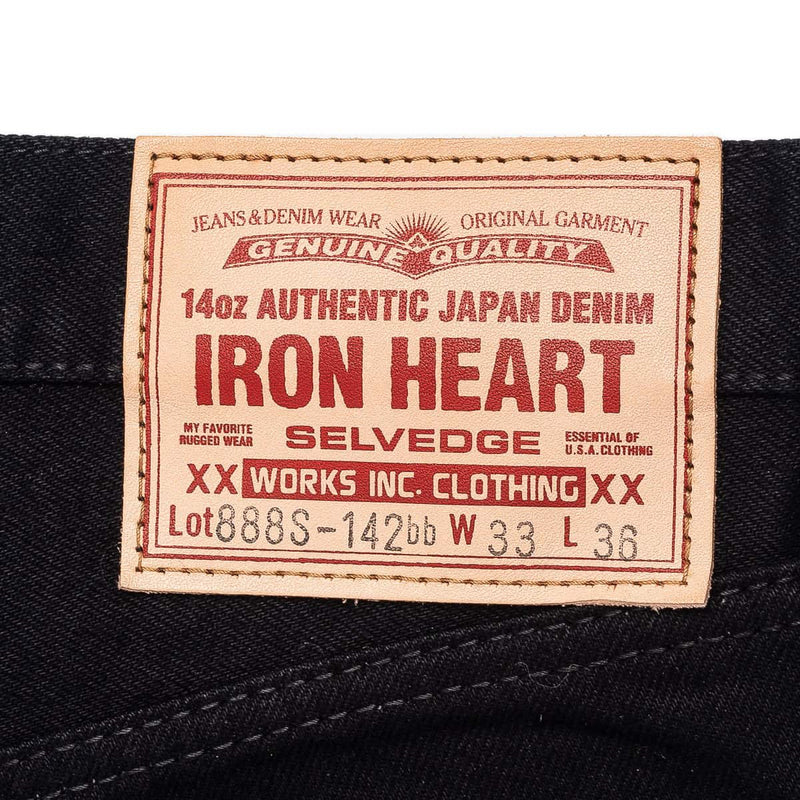 Iron Heart IH-888S-142bb 14oz Selvedge Denim Medium/High Rise Tapered Jeans Black/Black Leather Patch Detail