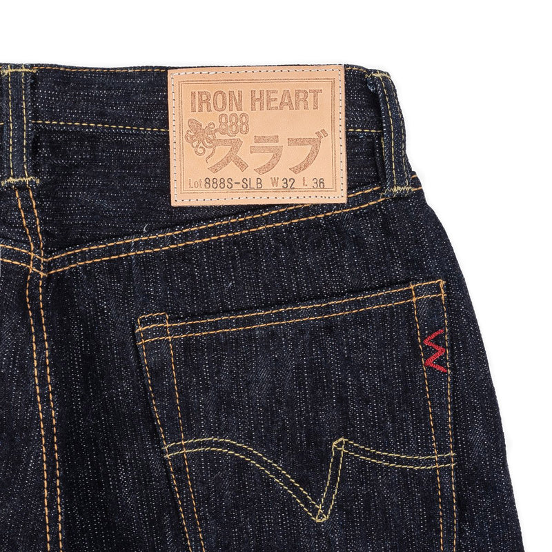 Iron Heart IH-888S-SLB 16oz Slubby Selvedge Denim Relaxed Tapered Cut Jeans Indigo Leather Patch Detail
