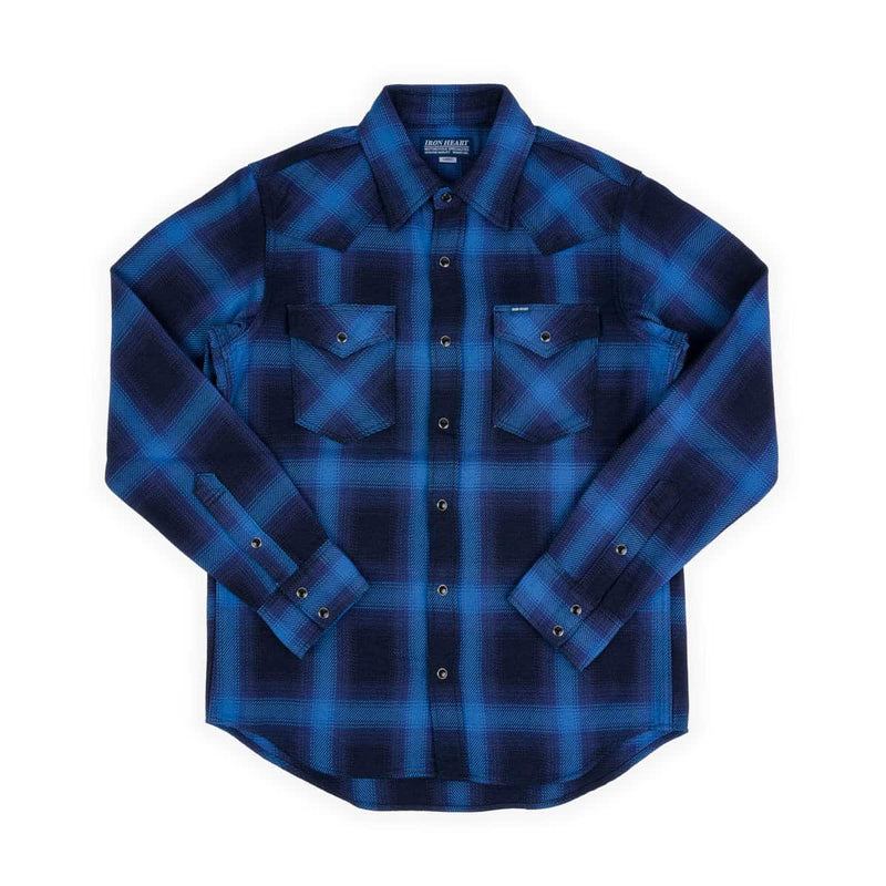 Iron Heart 9oz Selvedge Ombré Check Western Shirt Indigo IHSH-348-IND Front